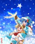  backpack bag blonde_hair blue_eyes blue_hair blue_santa_costume carrying christmas coat fang hair_bobbles hair_ornament hat horn hoshiguma_yuugi kawashiro_nitori long_hair multiple_girls nushin_(nishin-dou) pointy_ears red_eyes santa_costume santa_hat scarf short_hair shoulder_carry star touhou twintails two_side_up 