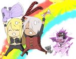  2boys \o/ ^_^ alastor_(sword) arms_up bad_id bad_pixiv_id bow cerberus chibi closed_eyes dante_(devil_may_cry) devil_may_cry devil_may_cry_3 dress hair_bow multiple_boys nelo_angelo outstretched_arms routo sword trish_(devil_may_cry) vergil weapon wings 