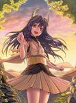  bad_id bad_pixiv_id blue_hair flower hair_ornament horns inuzuka_bouru japanese_clothes jewelry long_hair naga_(staygarden) open_mouth pendant red_eyes ryuujin_naga smile solo sunset 