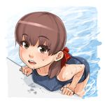  breast_rest breasts brown_eyes brown_hair hair_ribbon mama_(mama_hiro) medium_breasts one-piece_swimsuit original ponytail pool ribbon school_swimsuit solo swimsuit water wet 