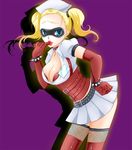  belt blonde_hair blue_eyes breasts cleavage collar dc_comics fishnets gloves harley_quinn lipstick long_hair makeup medium_breasts skirt solo thighhighs twintails wristband 