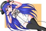  akamatumiki bad_id bad_pixiv_id bdsm black_legwear blue_hair bondage bound breast_bondage chain collar cuffs food fruit hat hinanawi_tenshi long_hair one-piece_swimsuit peach red_eyes rope school_swimsuit solo swimsuit tears thigh_gap thighhighs touhou white_school_swimsuit white_swimsuit 