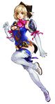  bare_shoulders blonde_hair boots breasts cassandra_alexandra cleavage elbow_gloves gloves green_eyes hair_ribbon large_breasts necktie pink_neckwear ponytail ribbon short_hair smile solo soulcalibur soulcalibur_iv thighhighs yurizuka_(sergeant_heart) zettai_ryouiki 