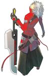  artist_request black_pants blazblue heterochromia huge_weapon left-handed looking_back male_focus pants ragna_the_bloodedge solo sword weapon white_background 