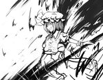  greyscale grin iseki_mitsuharu monochrome polearm remilia_scarlet smile solo spear spear_the_gungnir touhou weapon 