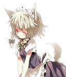  animal_ears anju_(mocomocousagi) apron bad_id bad_pixiv_id braid collar colorized dog_ears dog_tail izayoi_sakuya kemonomimi_mode maid maid_headdress miya_(tsumazukanai) one_eye_closed orange_eyes short_hair silver_hair solo tail touhou twin_braids 