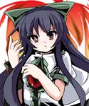  :&lt; bad_id bad_pixiv_id black_hair bow eyes fa_no_hito green_bow hair_bow long_hair radiation_symbol red_eyes reiuji_utsuho solo symbol-shaped_pupils touhou wings 