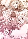  animal_ears atsuko_k bow cat_ears chen closed_eyes eating ff_gradient food hat holding holding_umbrella long_hair long_sleeves lowres monochrome mouth_hold multiple_girls open_mouth pillow_hat pink short_hair smile tassel touhou umbrella yakumo_ran yakumo_yukari 