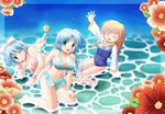  barefoot bikini blonde_hair blue_hair closed_eyes flower green_eyes hood hoodie kneeling lying minami_shinju multiple_girls on_side one_eye_closed pointy_ears school_swimsuit submerged swimsuit twintails water 