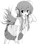  greyscale headphones huei_nazuki long_hair monochrome original school_uniform skirt solo vest 