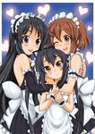  :t akiyama_mio alternate_costume black_eyes black_hair brown_eyes brown_hair elbow_gloves enmaided girl_sandwich gloves heart hirasawa_yui hug k-on! kanda_(squall-rinoa) long_hair maid multiple_girls nakano_azusa sandwiched short_hair twintails 