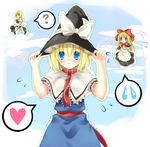  ? alice_margatroid bad_id bad_pixiv_id blonde_hair blue_eyes blush braid broom doll hand_on_headwear hat heart highres kirisame_marisa long_hair multiple_girls shanghai_doll short_hair tokira_nozumi touhou witch_hat yellow_eyes 