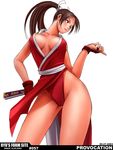  2003 artist_name brown_hair cowboy_shot dated fan fatal_fury gloves high_ponytail holding holding_fan long_hair pelvic_curtain ponytail revealing_clothes ryu_(ryu's_former_site) shiranui_mai simple_background solo the_king_of_fighters white_background 