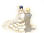  1girl bad_id bad_pixiv_id blonde_hair blue_eyes blue_hair blush bridal_veil bride couple dress elbow_gloves gloves hetero persona persona_4 serori_(koredemoka) shirogane_naoto short_hair tatsumi_kanji tuxedo veil wedding wedding_dress 