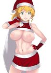  blonde_hair breasts freckles gloves green_eyes gundam hand_on_hip hat jack_hamster kay_nimrod large_breasts long_hair navel nipples santa_hat sd_gundam_g-generation shorts simple_background smile solo white_background 