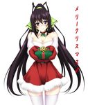  belt black_hair blue_eyes blush breasts choker christmas christmas_gift cleavage dress fur_trim hair_ribbon highres holly infinite_stratos large_breasts long_hair mittens ponytail ribbon shinonono_houki simple_background solo thighhighs very_long_hair yuuki_homura 