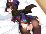  1girl anus ass ass_grab bed black_eyes bodysuit breasts brown_hair cape censored chloe_valens erect_nipples from_behind hat highres hou_(hachiyou) large_breasts legs looking_back no_panties pillow pussy short_hair solo tales_of_(series) tales_of_legendia thighs top-down_bottom-up 