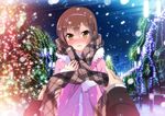  aoyama_nanami bangs blurry blush bokeh brown_hair building christmas christmas_lights depth_of_field diffraction_spikes eyes_visible_through_hair fur_trim hair_between_eyes hairband highres long_sleeves looking_at_viewer night nose_blush open_mouth out_of_frame outdoors pink_hairband plaid plaid_scarf pov pov_hands sakura-sou_no_pet_na_kanojo scarf skyscraper smile snow solo_focus uiu winter winter_clothes yellow_eyes 