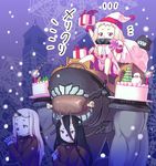  alternate_costume battleship_hime black_hair boned_meat box cake christmas claws covered_mouth dress food gift gift_box hat horn horns kantai_collection kawamura_tenmei long_hair meat mittens multiple_girls northern_ocean_hime red_eyes riding santa_hat seaport_hime shinkaisei-kan translation_request white_dress white_hair white_skin 