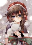  ahoge black_gloves blue_eyes braid brown_hair christmas commentary cover cover_page edo. fingerless_gloves gloves hair_flaps hair_ornament hair_ribbon hat jewelry kantai_collection remodel_(kantai_collection) ribbon ring sack santa_hat scarf school_uniform serafuku shigure_(kantai_collection) single_braid smile 