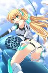  :o angela_balzac aqua_eyes ass bangs bare_shoulders black_gloves blonde_hair blush boots breasts cloud cockpit cross_(crossryou) day elbow_gloves floating_hair from_side gloves glowing hair_ornament halterneck headgear highleg highleg_leotard highres knee_boots large_breasts leaning_forward leotard long_hair looking_at_viewer looking_back low_twintails monitor open_mouth outstretched_arms rakuen_tsuihou sky solo standing surprised thigh_strap turtleneck twintails very_long_hair window 