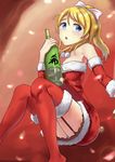  absurdres ayase_eli bare_shoulders blonde_hair blue_eyes blush bow breasts christmas cleavage garter_straps hair_bow highres looking_at_viewer looking_to_the_side love_live! love_live!_school_idol_project medium_breasts open_mouth panties ponytail red_legwear santa_costume solo tears thighhighs underwear yuyan 