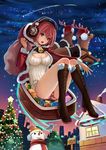  absurdres antlers bell blush box breasts christmas cleavage cleavage_cutout deer gift gift_box gyakushuu_no_hoshiumi hat headphones highres hood large_breasts long_hair looking_at_viewer md5_mismatch meme_attire nitroplus no_pants open-chest_sweater open_mouth panties pink_eyes pink_hair reindeer ribbed_sweater santa_hat smile solo striped striped_panties sunglasses super_sonico sweater turtleneck underwear 