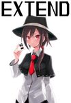  black_capelet bloom brown_hair capelet dress_shirt english hat long_hair looking_at_viewer necktie red_eyes shiroshi_(denpa_eshidan) shirt smile solo touhou upper_body usami_renko 