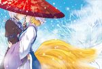  1girl blonde_hair bridal_gauntlets choker couple covered_eyes cuddling fox_tail hetero highres holding holding_umbrella morichika_rinnosuke multiple_tails oriental_umbrella shared_umbrella silver_hair snowing tail touhou umbrella yakumo_ran yukaran_nosuke 