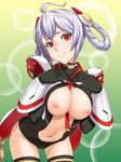  1girl areolae breasts breasts_outside cameltoe double_bun highres hou_(hachiyou) large_breasts legs looking_at_viewer matoi_(pso2) navel nipples phantasy_star phantasy_star_online_2 red_eyes simple_background smile solo standing thighs white_hair 