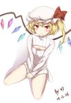  47_(479992103) artist_name blonde_hair cleavage_cutout clothes_tug covering covering_crotch dated flandre_scarlet flat_chest hat highres long_hair meme_attire open-chest_sweater red_eyes ribbed_sweater side_ponytail simple_background sitting socks solo sweater sweater_tug touhou turtleneck wariza white_background wings 