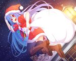  alternate_costume black_legwear blue_hair blush boots brown_footwear christmas cross-laced_footwear hat highres hinanawi_tenshi knee_boots lace-up_boots long_hair looking_at_viewer open_mouth red_eyes sack santa_costume santa_hat snowing solo thighhighs touhou wakagi_repa 