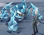  claws closed_mouth crack formal gen_3_pokemon grey_eyes long_sleeves looking_at_viewer looking_back metagross metal pokemon pokemon_(creature) pokemon_(game) pokemon_oras red_eyes shiny silver_hair spiked_hair suit total9 tsuwabuki_daigo 