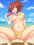  1girl anus areolae azanami_(pso2) bare_shoulders barefoot beach bikini breasts censored cloud clouds dildo feet hair_over_one_eye highres hou_(hachiyou) large_breasts legs licking looking_at_viewer navel nipples ocean panties panties_aside phantasy_star phantasy_star_online_2 ponytail pubic_hair pussy pussy_juice red_hair saliva sand sky solo squatting swimsuit thighs toes tongue underwear water wet yellow_eyes 