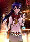  absurdres bangs belt belt_pouch blue_hair blush bracelet brown_eyes building checkered coffee_cup cup denim denim_skirt disposable_cup hair_between_eyes heart heart_necklace highres holding holding_cup holding_hair jewelry long_hair looking_at_viewer love_live! love_live!_school_idol_project necklace night pink_shirt plaid plaid_scarf pouch red_scarf scarf shiimai shirt skirt skyscraper smile snowing solo sonoda_umi 