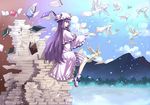  bird book book_stack bow cloud crescent feathers hat highres ko_kita long_hair mountain pages patchouli_knowledge purple_eyes purple_hair ribbon solo touhou very_long_hair 