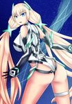  1girl angela_balzac ass bare_shoulders blonde_hair blue_eyes bodysuit breasts elbow_gloves expelled_from_paradise from_behind gloves headgear large_breasts leotard long_hair looking_at_viewer looking_back low_twintails open_mouth rakuen_tsuihou shiny shiny_skin sideboob silryantish solo thigh_strap thong thong_leotard twintails very_long_hair 