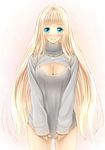  bad_id bad_pixiv_id blonde_hair blue_eyes breasts cleavage cleavage_cutout cowboy_shot itoguchi_(manma_melon) jewelry large_breasts long_hair looking_at_viewer meme_attire naked_sweater necklace open-chest_sweater original pendant ribbed_sweater smile solo sweater turtleneck v_arms very_long_hair 