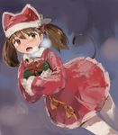  alternate_costume bell box brown_hair cat_tail gift gift_box hat kantai_collection open_mouth rhodomina ryuujou_(kantai_collection) santa_costume short_hair solo tail twintails white_legwear 