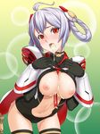  1girl areolae blush breasts breasts_outside cameltoe cum cum_in_mouth cum_on_body cum_on_breasts cum_on_upper_body double_bun highres hou_(hachiyou) large_breasts legs looking_at_viewer matoi_(pso2) navel nipples open_mouth phantasy_star phantasy_star_online_2 red_eyes simple_background solo standing sweat thighs white_hair 