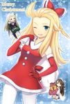  3girls agnes_oblige ahoge alternate_costume bag blonde_hair blue_eyes box bravely_default:_flying_fairy bravely_second brown_hair chibi christmas edea_lee flower gift gift_box hair_decoration hair_ornament irino long_hair magnolia_arch multiple_girls present ribbon santa_costume smile white_hair wink 