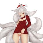  animal_ears breasts christmas fox_ears fox_tail hat long_hair meme_attire multiple_tails naked_sweater nipples open-chest_sweater original pussy red_eyes ribbed_sweater santa_hat small_breasts solo sweater tail tenyoshi_(briansept) uncensored white_hair 