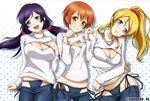  ayase_eli bikini_jeans blonde_hair blue_eyes blush breasts cleavage cleavage_cutout collage contrapposto cowboy_shot denim green_eyes groin head_tilt hoshizora_rin jeans jewelry large_breasts looking_at_viewer love_live! love_live!_school_idol_project low_twintails lowleg lowleg_pants meme_attire multiple_girls necklace open-chest_sweater orange_hair pants paw_pose ponytail purple_hair ribbed_sweater scrunchie shiroyasha short_hair small_breasts standing sweater toujou_nozomi turtleneck twintails yellow_eyes 