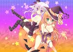  apron areolae bad_id bad_pixiv_id blonde_hair blush breasts candy food frills green_eyes hat jack-o'-lantern large_breasts lollipop looking_at_viewer multiple_girls no_panties open_mouth original purple_eyes silver_hair smile striped striped_legwear sumisaki_yuzuna thighhighs witch_hat 