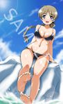  :d absurdres alternate_costume arm_support bare_legs bare_shoulders barefoot bikini black_bikini blue_eyes braid brown_hair cloud day feet highres lens_flare long_hair lynette_bishop navel open_mouth sample single_braid sitting sky smile solo splashing strike_witches swimsuit tokiani world_witches_series 