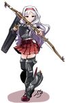  armor armored_boots black_footwear boots bow_(weapon) cosplay idolmaster idolmaster_(classic) japanese_clothes kantai_collection long_hair look-alike red_eyes shift_(waage) shijou_takane shoukaku_(kantai_collection) shoukaku_(kantai_collection)_(cosplay) silver_hair solo thigh_boots thighhighs weapon zettai_ryouiki 