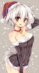  alternate_costume animal_ears bare_shoulders bell bell_choker blush breasts choker christmas cleavage detached_sleeves hat inubashiri_momiji large_breasts looking_at_viewer maturiuta_sorato open_mouth red_eyes santa_hat short_hair silver_hair solo tail touhou wolf_ears wolf_tail 