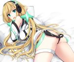  angela_balzac ass bed_sheet blonde_hair blue_eyes breasts headphones large_breasts leotard long_hair looking_at_viewer lying minami_machi on_stomach open_mouth pillow rakuen_tsuihou solo twintails 