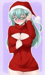  aqua_hair blush bottomless breasts cleavage_cutout green_eyes hair_ornament hairclip hat kantai_collection large_breasts long_hair meme_attire mikagami_sou naked_sweater open-chest_sweater santa_hat solo suzuya_(kantai_collection) sweater 