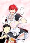  1girl 2boys alternate_costume black_hair bow camera crossdressing enmaided gekkan_shoujo_nozaki-kun hair_bow heart heart_hands maid maid_headdress mikoshiba_mikoto multiple_boys nozaki_umetarou orange_hair red_eyes red_hair sakura_chiyo soul_(tamashii) thighhighs white_legwear 